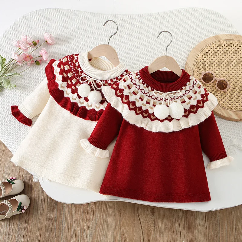 Girls Knitted Dresses Spring Autumn Children Woolen Jersey Sweaters Dress For Baby Princess Party Clothes Kids Cute Outfits 5 6Y