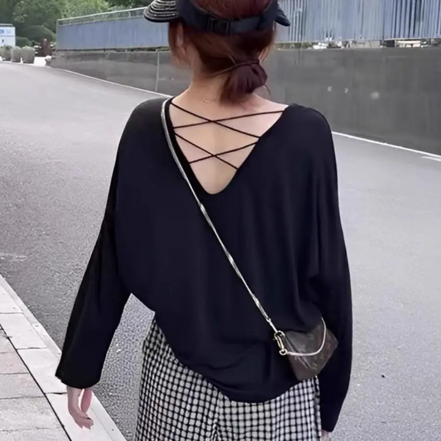 Camisetas de manga larga para mujer, Tops minimalistas de algodón, ajuste relajado, tela suave, cómoda, de gran tamaño, ropa de calle Retro diaria de primavera