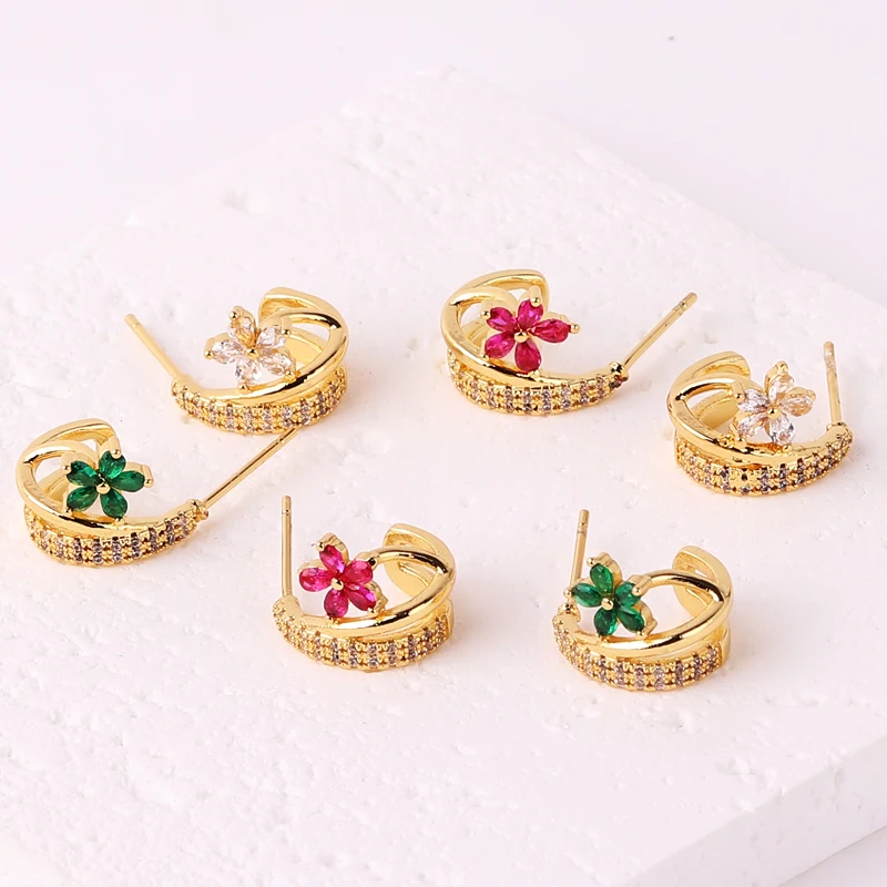 Luxury Zircon Flower Stud Earrings For Women Fashion Crystal Gold Filled Sweet Earring Girl Jewelry Gift