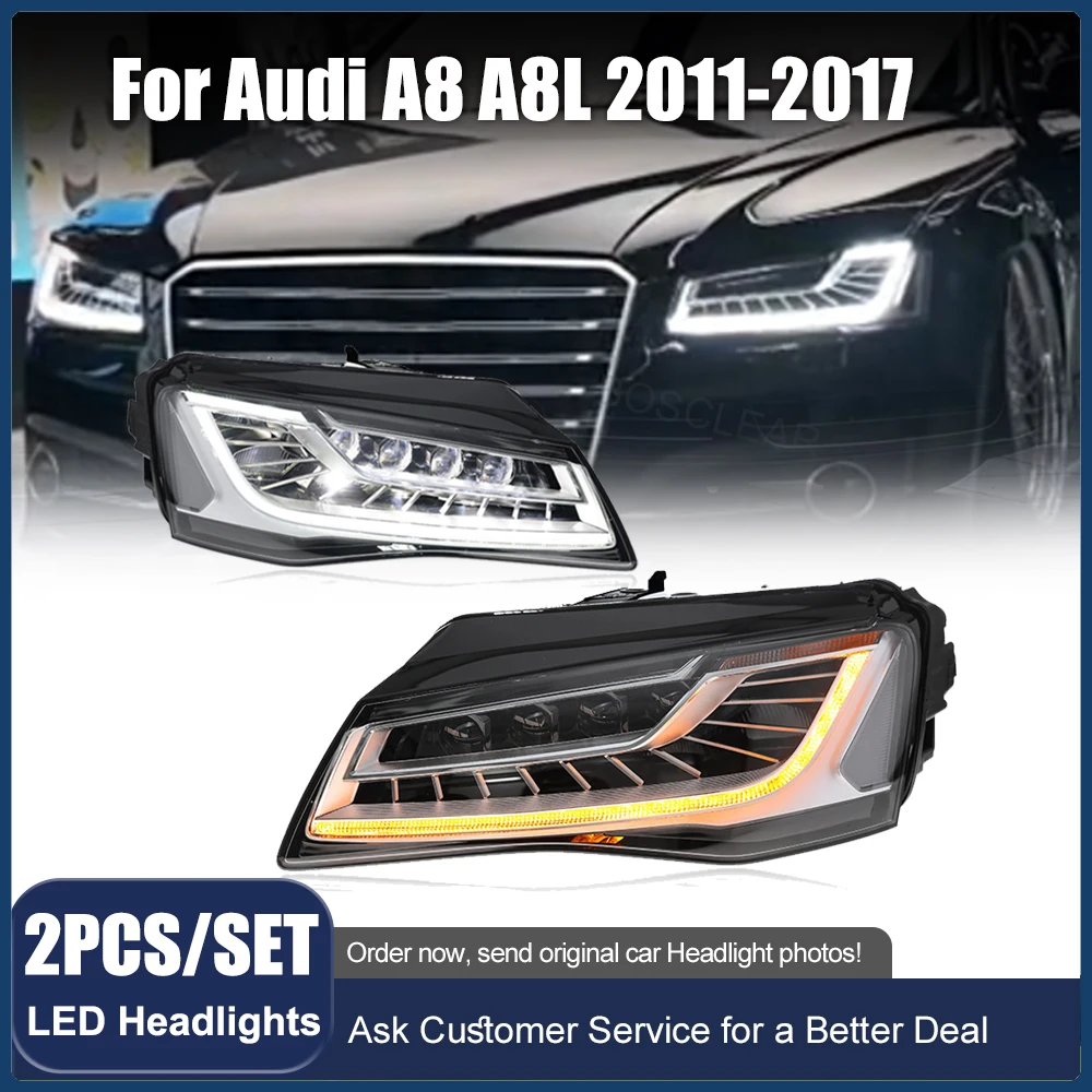 

Автомобильные матричные фары в сборе для Audi A8 A8L 2011-17, обновленные светодиодные фары, динамические указатели поворота, тормозные DRL, автомобильные аксессуары