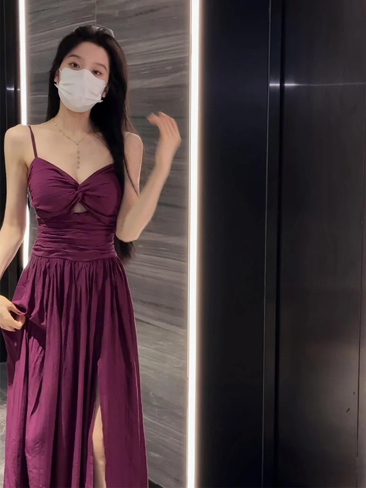 

Женское летнее платье больших размеров с V-образным вырезом, вырезами и фиолетовыми бретелями, с длинной юбкой с разрезом, повседневное, для работы, А-силуэт