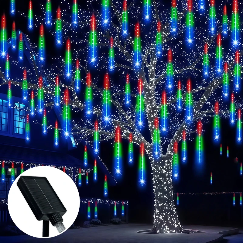 Solar Falling Star Meteor Lights 30CM8Tubes-50CM8Tubes LED String IP54 Waterproof Warm White Blue Colorful 8 Modes Christmas LED