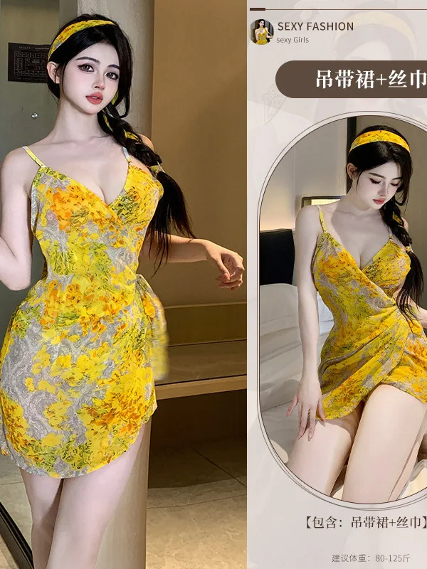 Yellow Flowers Mini Dress Belt New Sexy V Neck Tight Fairy Dress Elegant Fashion Sweet Korean Women Tops New Spice Girls YZW0