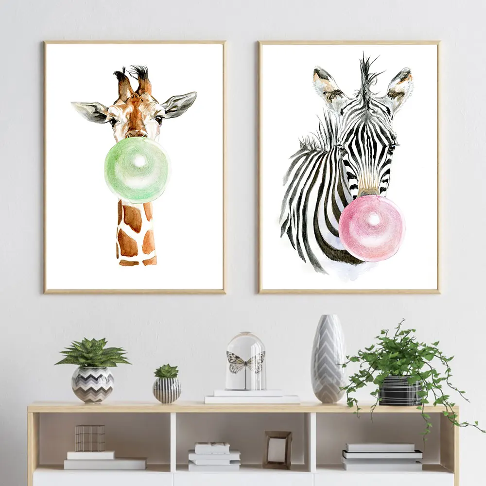 Giraffe Bear Tiger Blow Bubbles Canvas Poster For Child Nursery Wall Art Picture Print Animal Canvas Painting Kid Baby Room Art