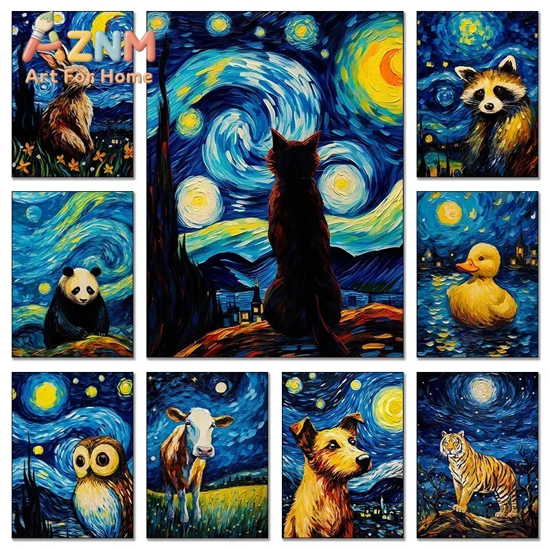 Funny Dogs Tiger Cat Panda Starry Night Van Gogh Canvas Painting Abstract Print Animal Posters Wall Art Picture Home Room Decor