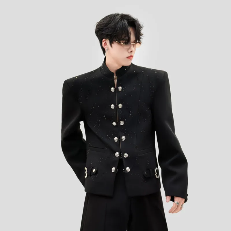 WVGA Spring Autumn New Men Heavy-duty Stand-up Collar Blazer Niche Chic Casual Metal Buttons Short Style Shoulder Jackets W27171