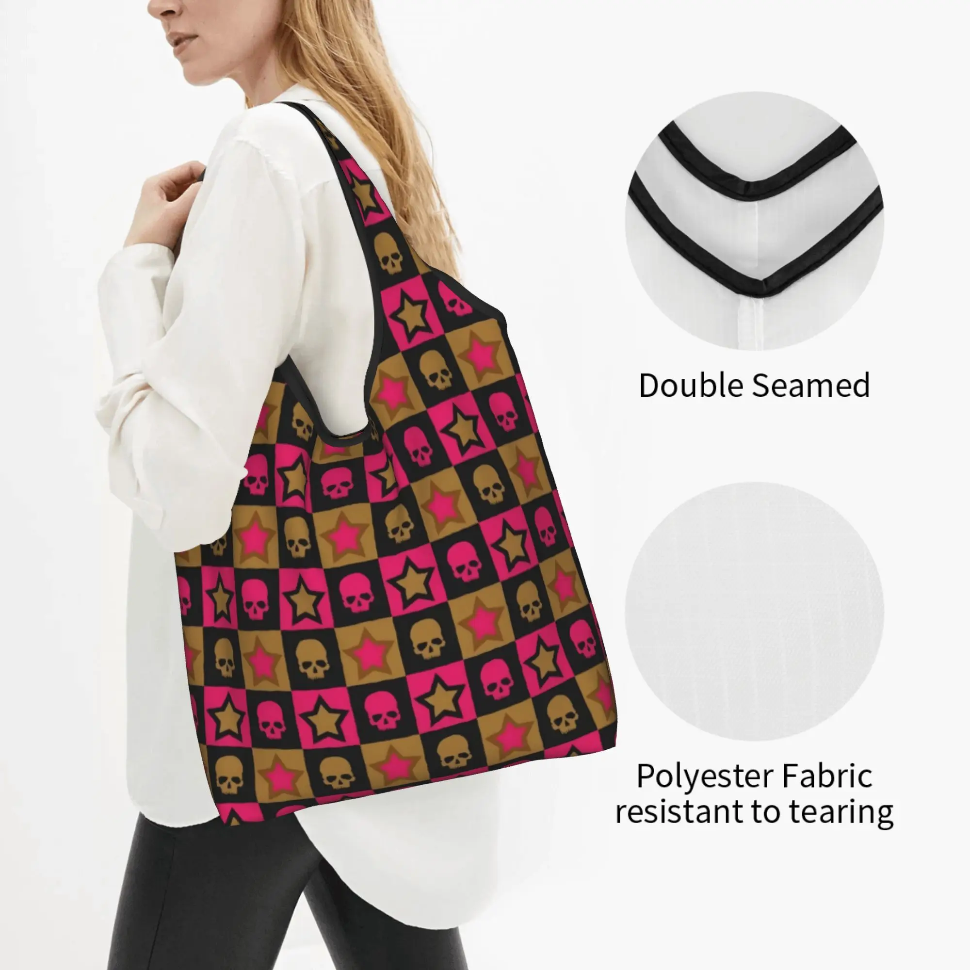Skull Horror Skeleton  Grocery Shopping Bag Cute Shopper Shoulder Tote Bag Large Capacity Portable Checkered  Handbag