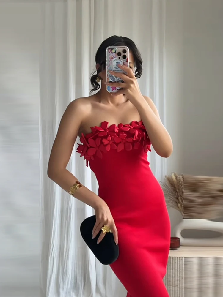 

3D Flower Strapless Madi Dress Women Sexy Sleeveless Backless Waist Cinching Hip Package Bodycon Dresses Chic Ladies Partywear