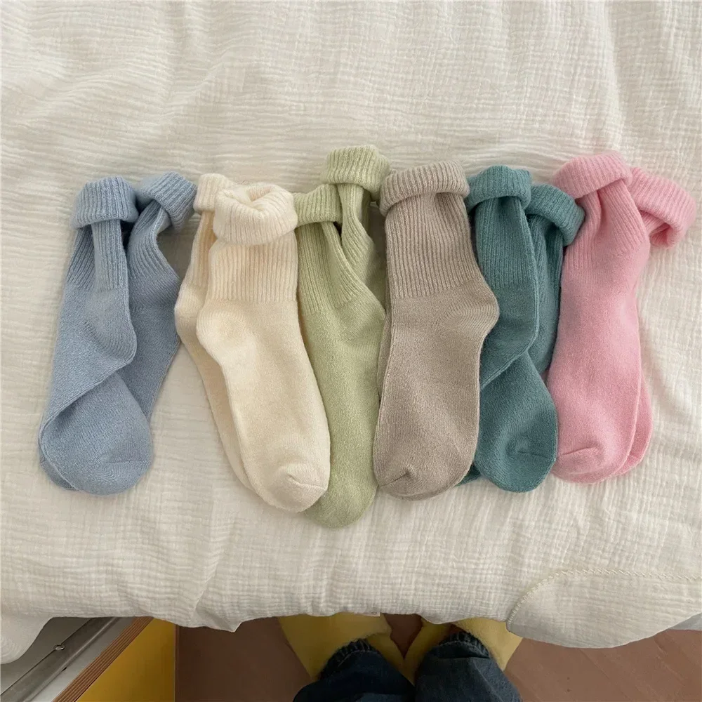 Solid Color Women Winter Thick Warm Long Socks Wool Socks Japanese Kawaii Cute Cashmere Thermal Socks Christmas Gift Sox