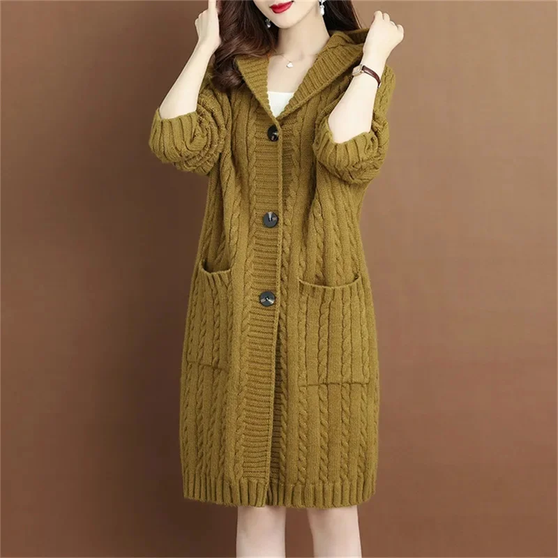 Autumn Winter Mom\'s New Woolen Coat Women\'s Long sleeved Cardigan Hooded Thickened Over Hip Loose Medium Length Sweater Yellow