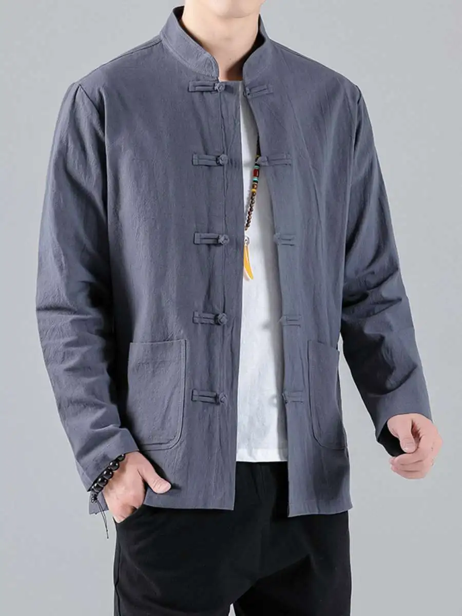 

Летняя повседневная хлопково-льняная рубашка с длинным рукавом для мужчин, воротник-стойка, в стиле Тан, ретро, на все сезоны, большие размеры