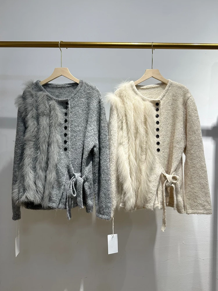 เสื้อคลุมคาร์ดิแกนถักไหมพรมขนสุนัขจิ้งจอกแท้ธรรมชาติสำหรับผู้หญิง ฤดูใบไม้ร่วง ฤดูหนาว แขนยาว สไตล์หรูหรา