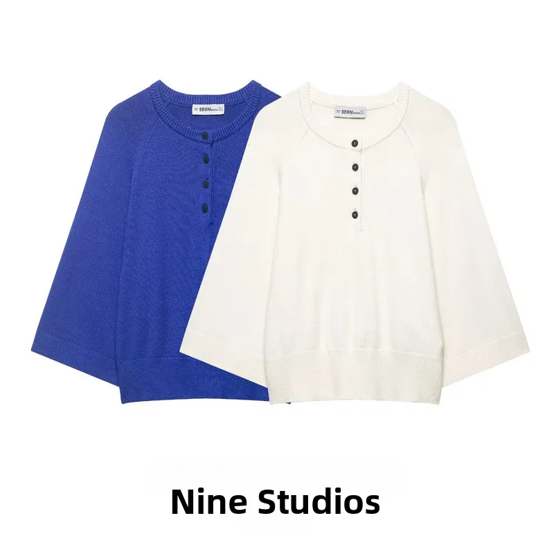 

NINE ZAR Women's Knitted Long Sve round Ne Button Decorated Color Top Versatile Faion Spring 2026 European Sle