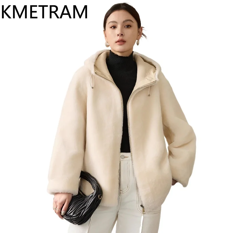 100% Merino Sheepskin Wool Double Faced Fur Jacket Women Casual Real Fur Coat with Hood Winter Woman Clothing 2025 Furry Jackets