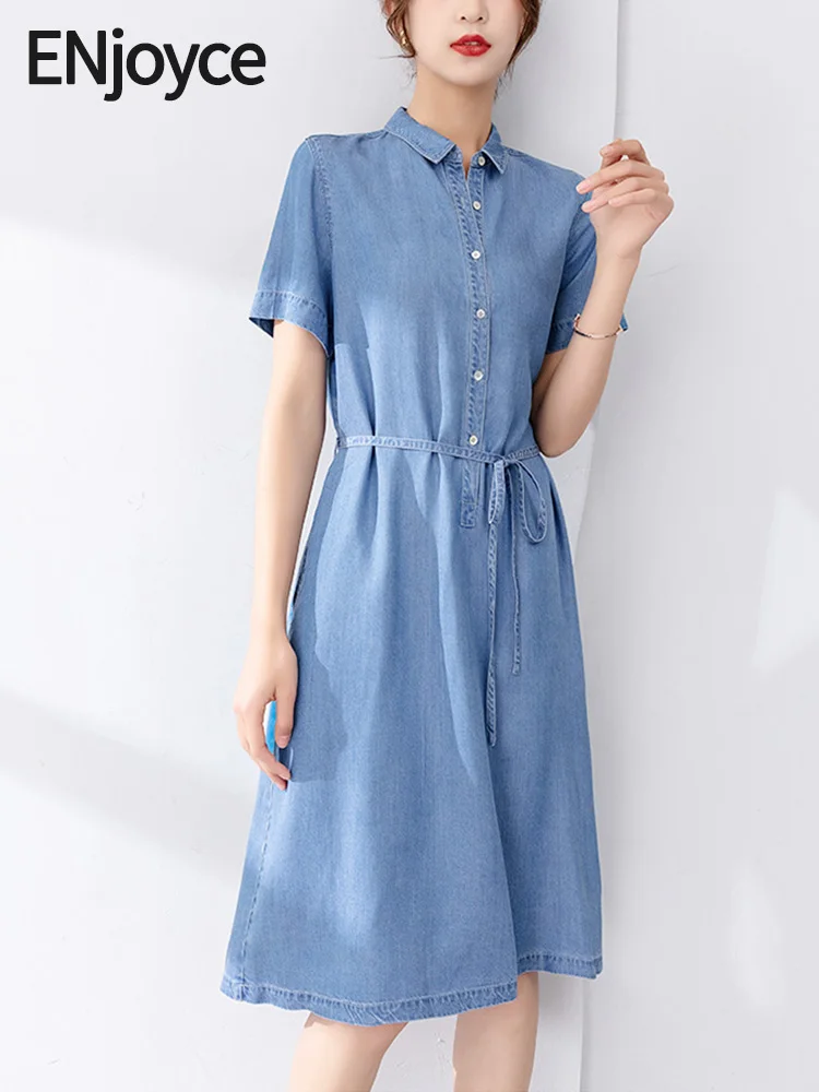 

ENjoyce Vintage Blue Denim Midi Dress Women Korean Fashion Slim Lapel Short Sleeve Dresses Summer Workwear Traf Brand