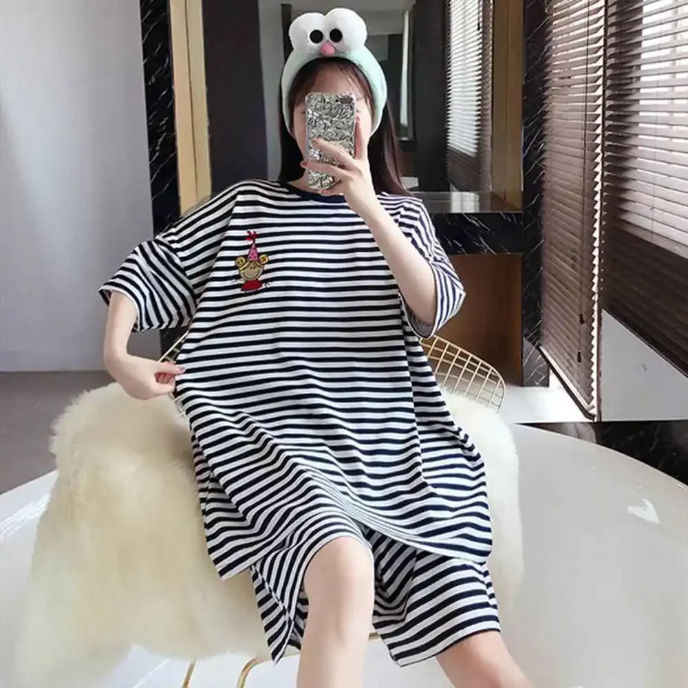 Plus Size 5XL 150kg Casual Loose Pajamas for Women Short Sleeve Striped Pijamas Set Womens Sleepwear Ladies Set Pyjama A71