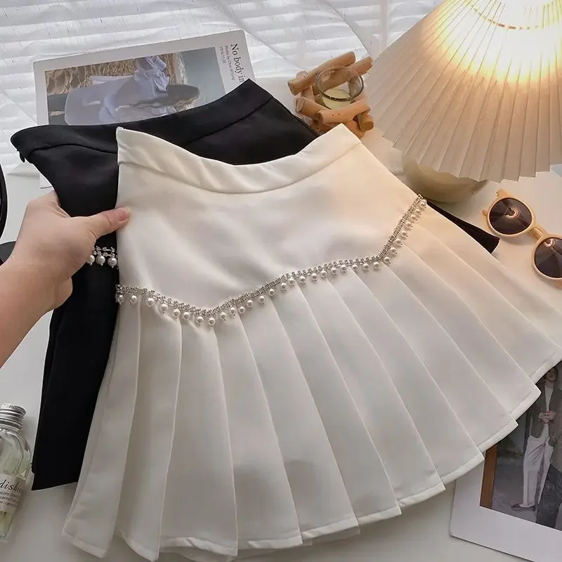 

Black White Pleated High Waisted Diamond Skirts for Women New Korean Short Skirt Faldas Mujer Sweet Jupe Femme