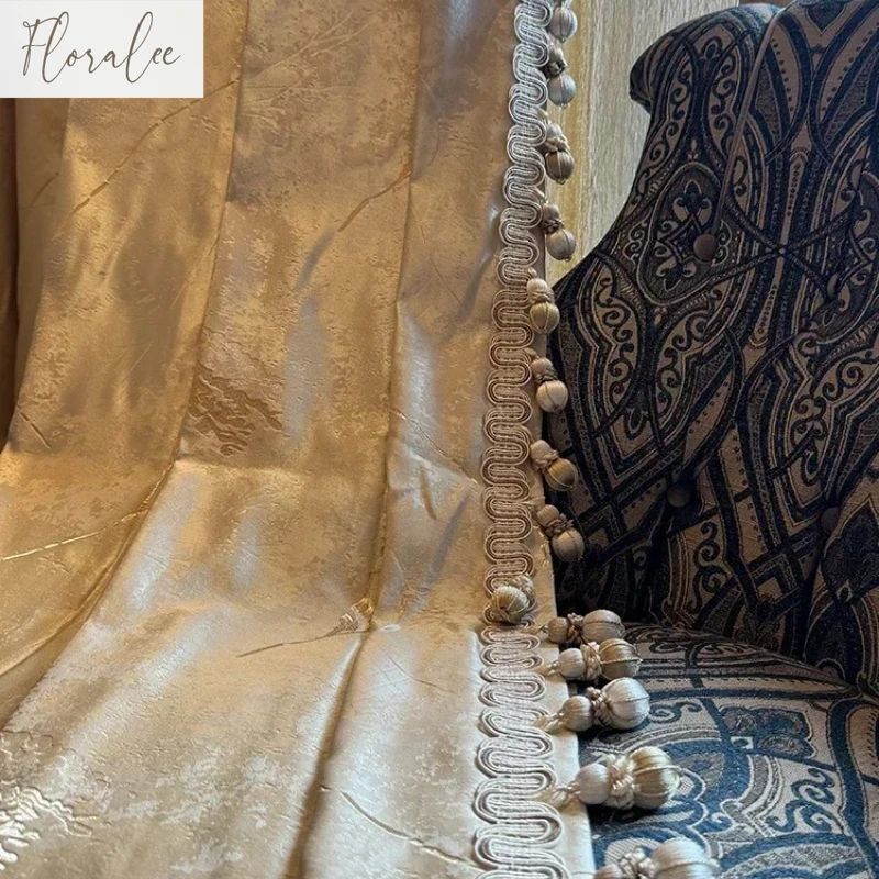 

Customized Milk Tea Color Gold Silk Relief Reed Jacquard Blackout Curtains For Bedroom Living Room Villa French Window Balcony