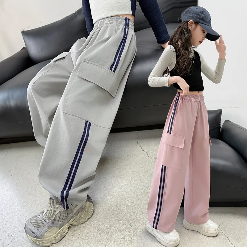 

Summer Girls' Casual Pants Thin Breathable Loose Fit Sports Pants Children's Pink Trousers High Quality Kids Clothing 120-170