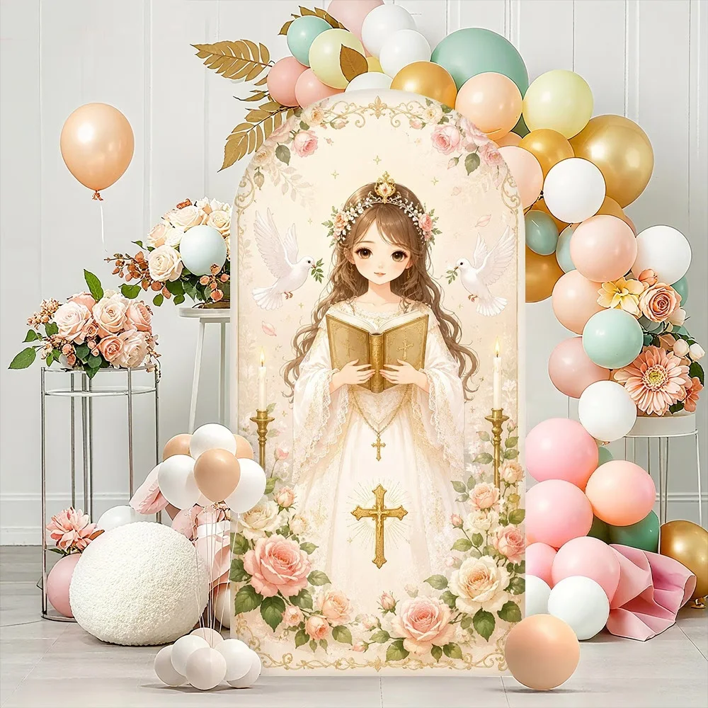 2-sided God Bless Party Arch Backdrop Angel in Floral Girl First Baptism Cake Table Background Flowers Cross Peace Bird Shoot