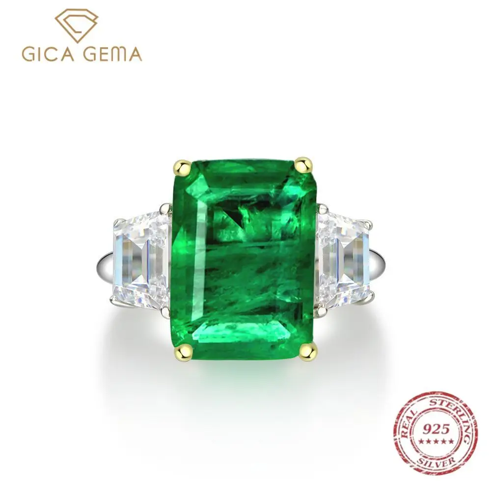 GICA 100% 925 Sterling Silver Created Moissanite Emerald Gemstone Birthstone Wedding Engagement Ring Fine Jewelry Wholesale