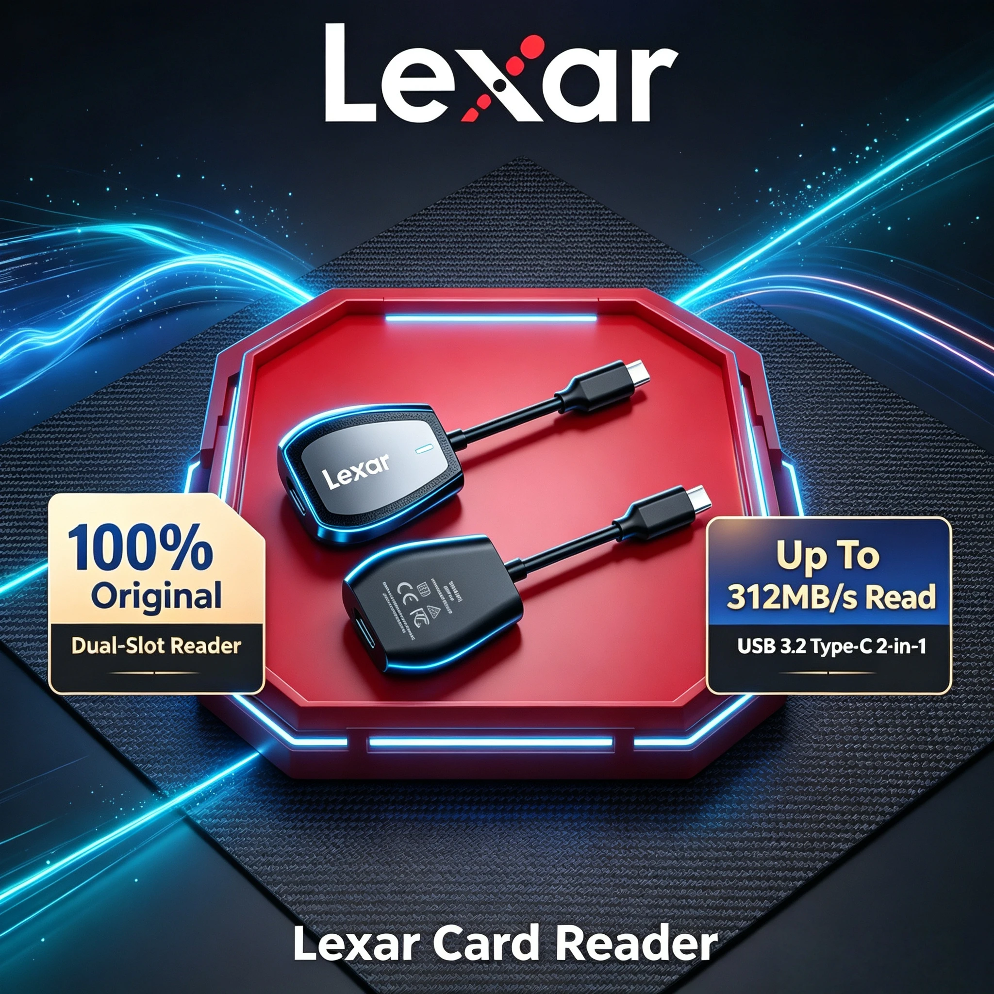 Lexar 2-in-1 SD microSD Card Reader USB 3.2 Type-C UHS-II Up To 312MB/s For Home Office Travel Portable Use High Speed