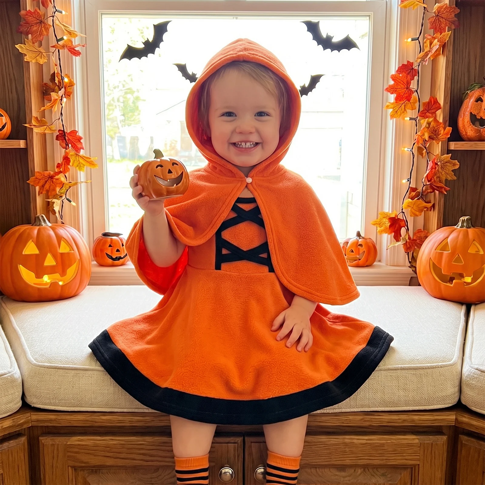 1-5Y Kids Girls Halloween Costume Contrast Color Sleeveless Crew Neck Tank Dress Cape 2 Pcs Set