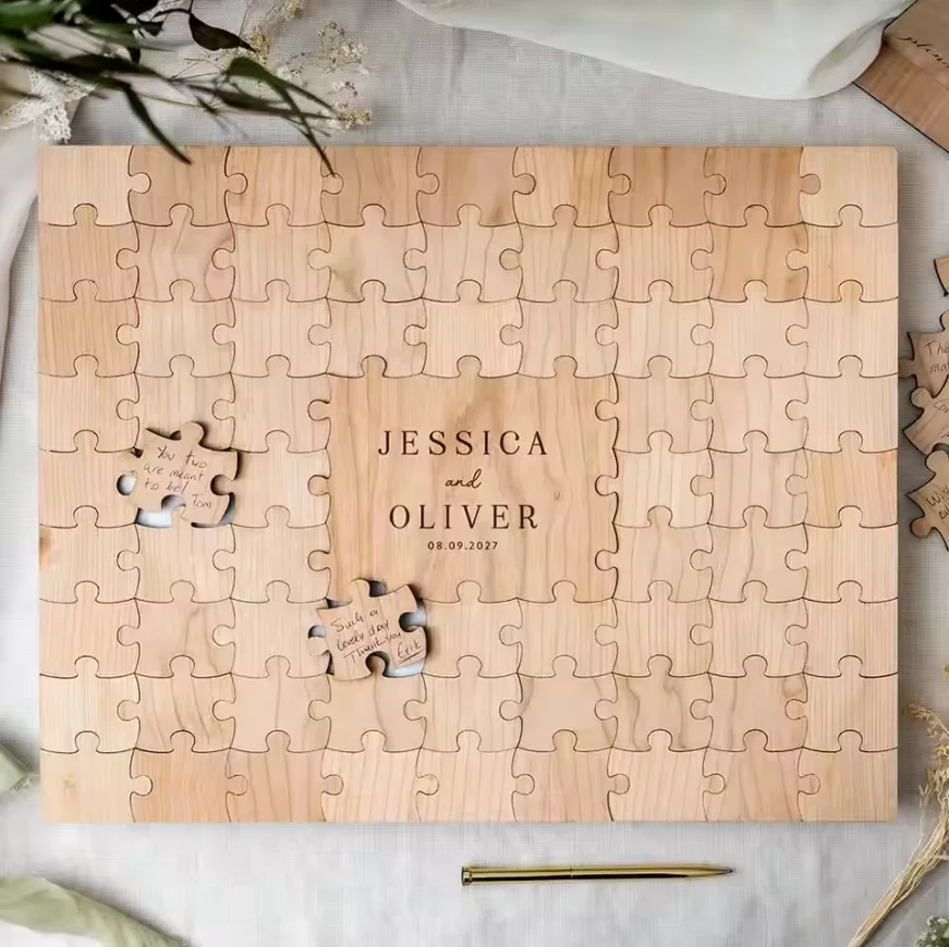 Rustic Wooden Personalized Wedding Jigsaw Puzzle Guestbook Wooden GuestBook Alternative Custom Name Couple Jigsaw Gift