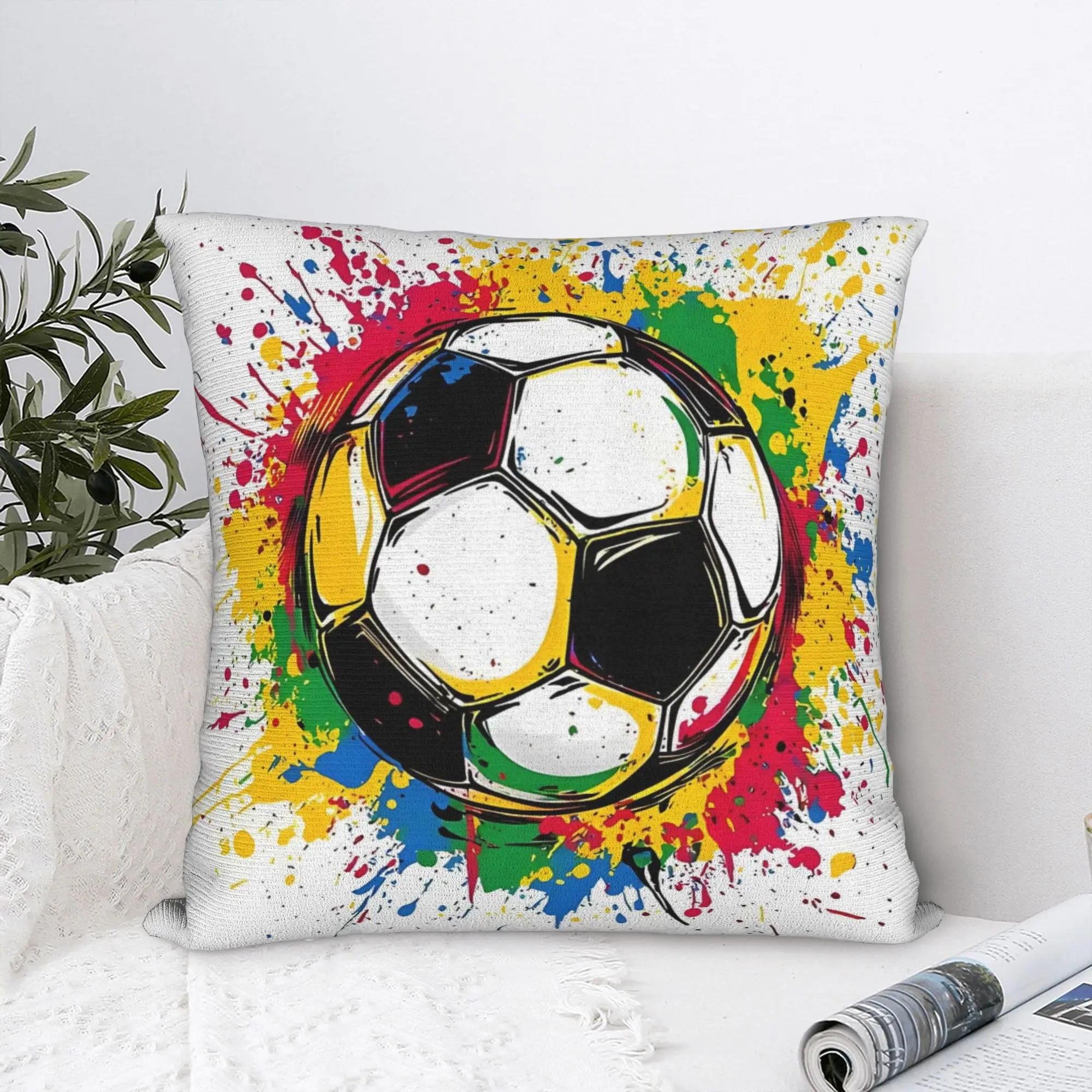 Pillow Cover Football Paint Splatter Colorful Background Soft Polyester Zipper Machine Washable Sofa Bed Decor Gift for Fans