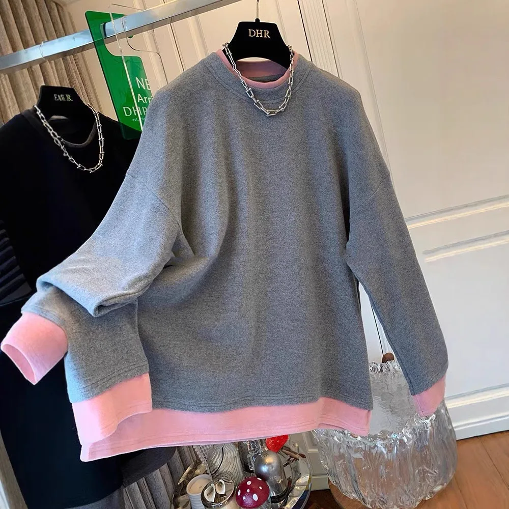 Women Top DermaWarm Long-Sleeve T-Shirt 2025 Spring Autumn Simple Casual Color-Blocked Pullover Loose-Fit Versatile Female Tops
