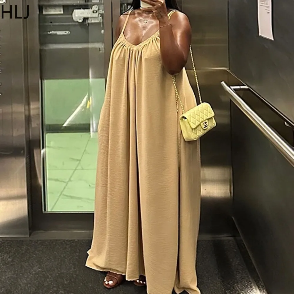 

HLJ Summer New Casual Solid Color Loose Maxi Dress V Neck Spaghetti Strap Pleated Swing Long Dress Female Beachwear Vestidos