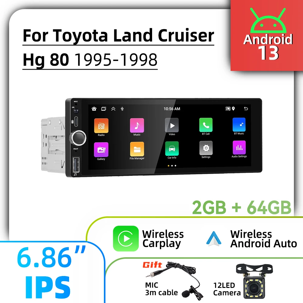 For Toyota Land Cruiser Hg 80 1995-1998 1Din Android Radio Carplay Android Auto 6.86" Stereo Car Multimedia Head Unit GPS BT