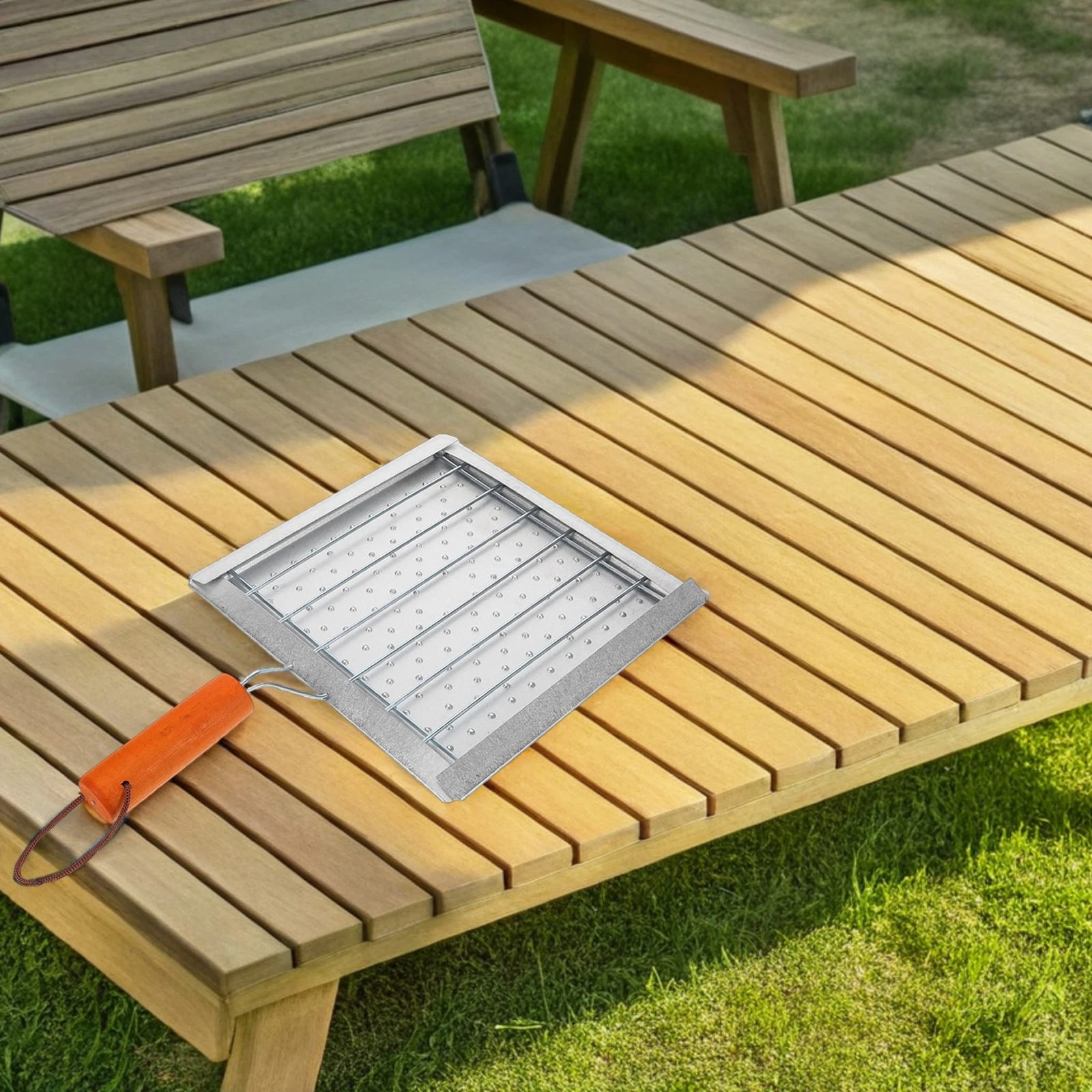 

Multifunctional Portable Camping Grilling Outdoor Cooking Barbecue Tool Foldable Tray Wooden Handle Heavy Duty Fish Roasting