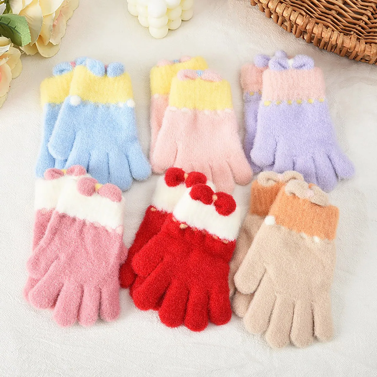 겨울용 따뜻한 핑크 리본 소녀 장갑 어린이 니트 리본 장갑 아기 손난로 어린이 5-10세 분리형 손가락 장갑