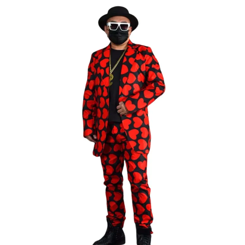 

Men's Singer Nightclub Concert Suit Red Heart Pattern Blazers Pants Set Party Evening Party Stage Performance Costume