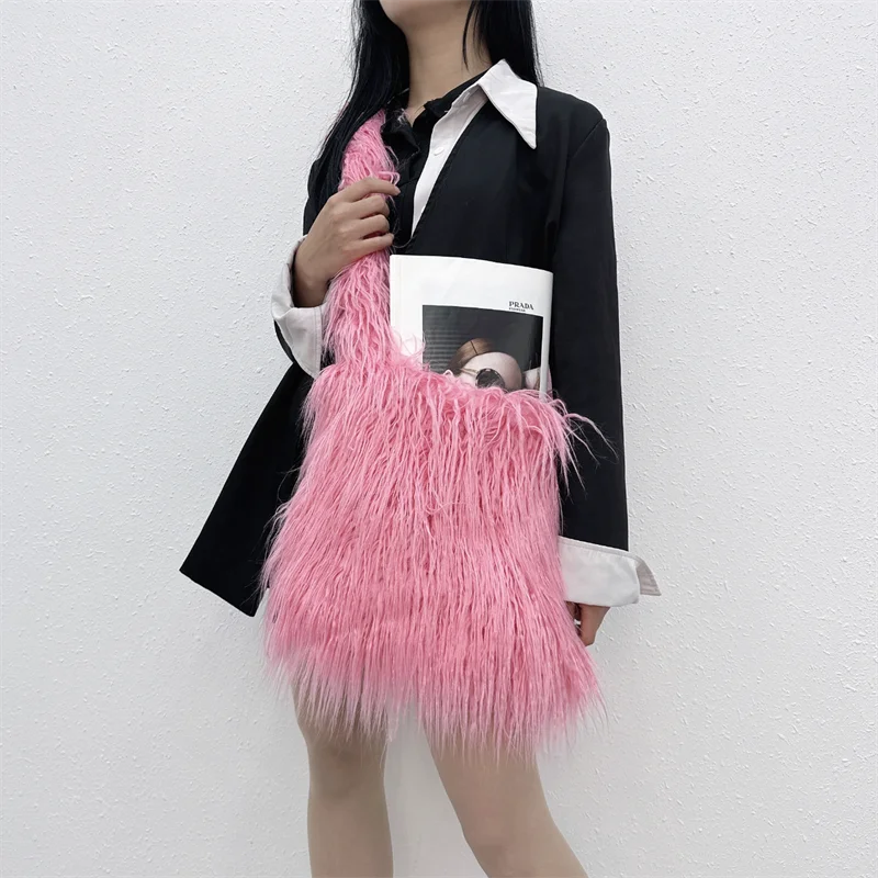 Plush Fluffy Tote Bag For Women Y2K Messenger Bag Faux Fur Handbag Ladies New Trend Furry Clutch Bags Fashion Satchel Bag Purse