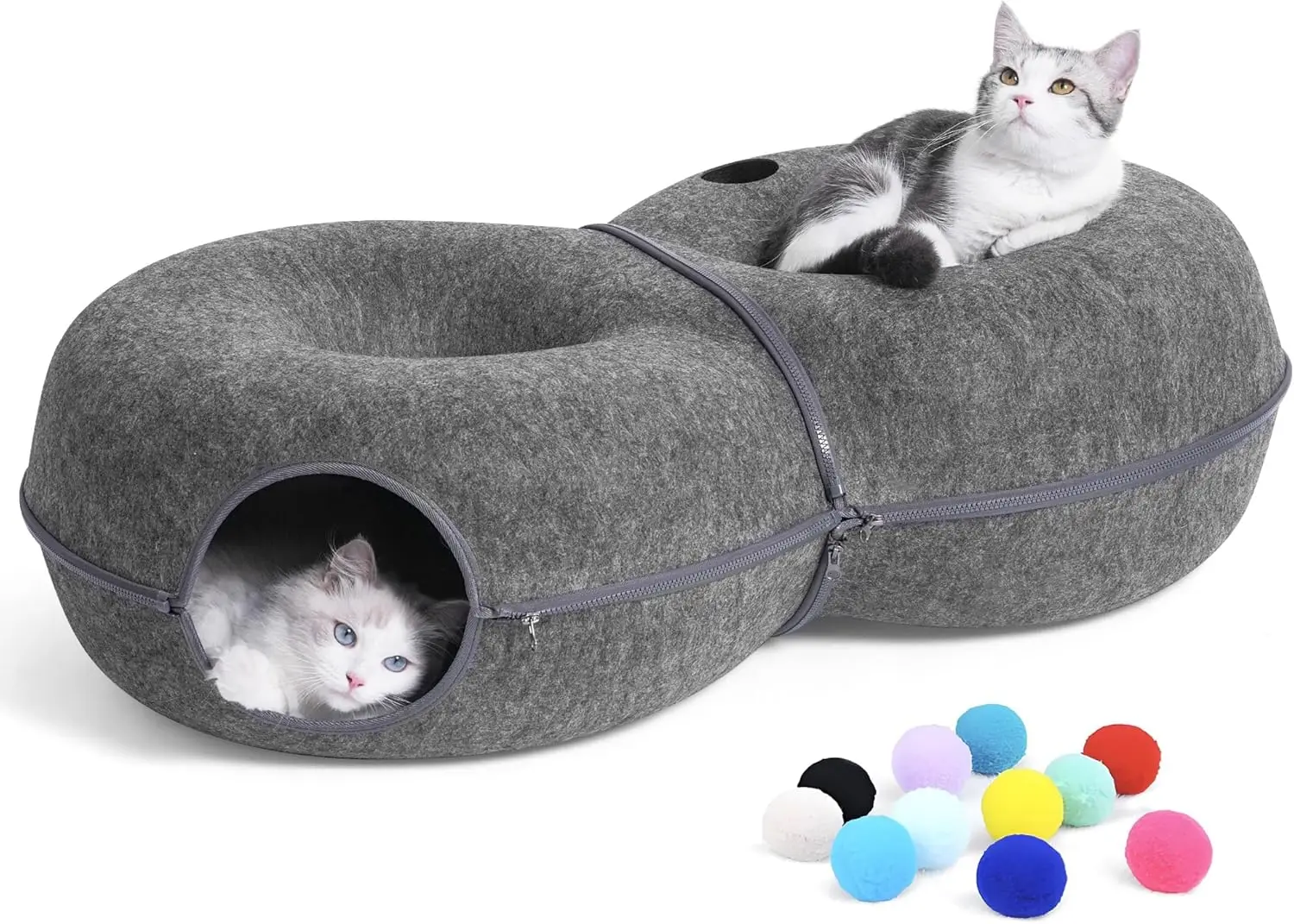 

Large 8-Shaped Cat Tunnel Bed with Toy Balls, Indoor Play Cave for Cats up to 30 Pounds, Dark Grey