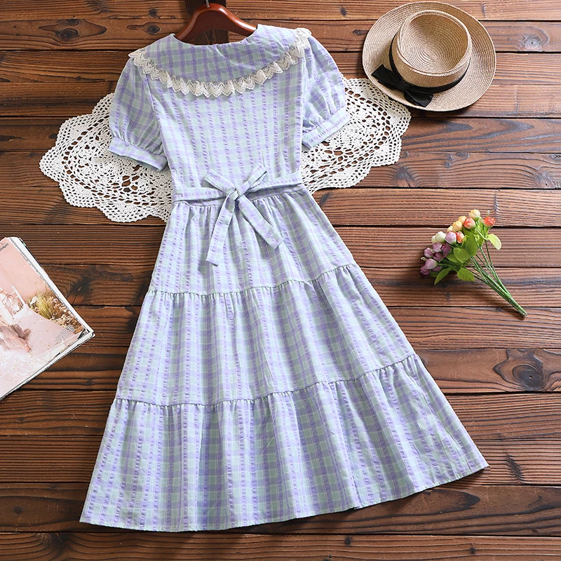 Mori Girl Plaid Vestidos New Summer Fashion Short Sleeve Women Casual Dress