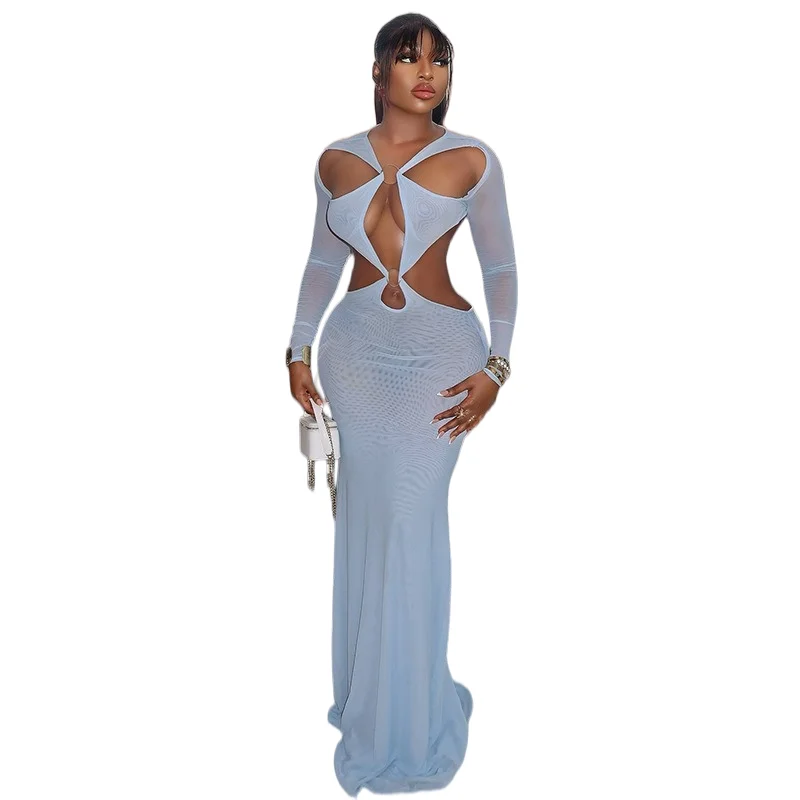 Women's Gauze Spliced V-Neck Long Sleeve Metal Ring Hollow Out Deep Backless Hips Wrapped Sexy Long Dress, Solid Color
