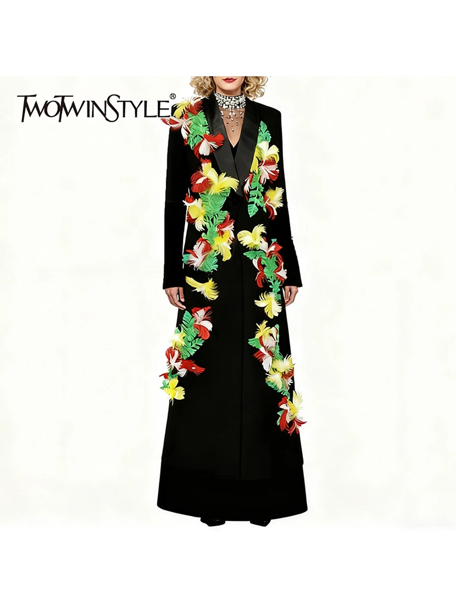 

TWOTWINSTYLE модные роскошные пиджаки со сращенными перьями для женщин, туника с лацканами и длинными рукавами, темпераментный длинный блейзер, женский новый