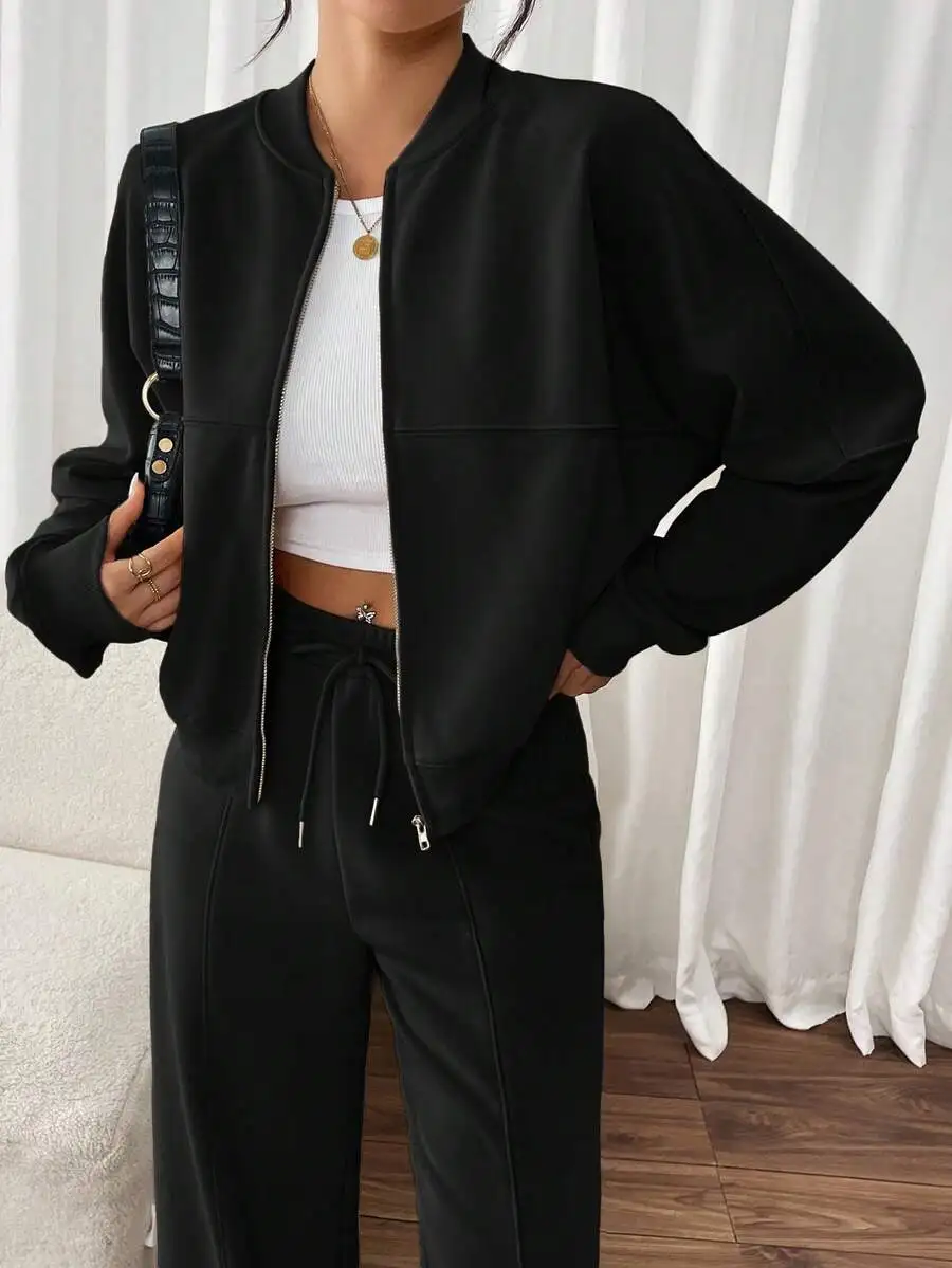 

Women Casual Sports Minimalist Street Fashion Baseball Jacket And High Waist Elastic Relaxed Pants Set Autumn Winter