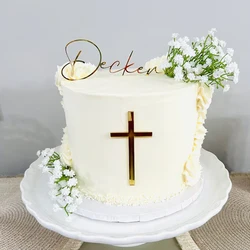Personalized Name Cake Charm & Cross Custom Christening Cake Topper Baptism Decor Laser Cut Name Cake Plaque Mirror Acrylic