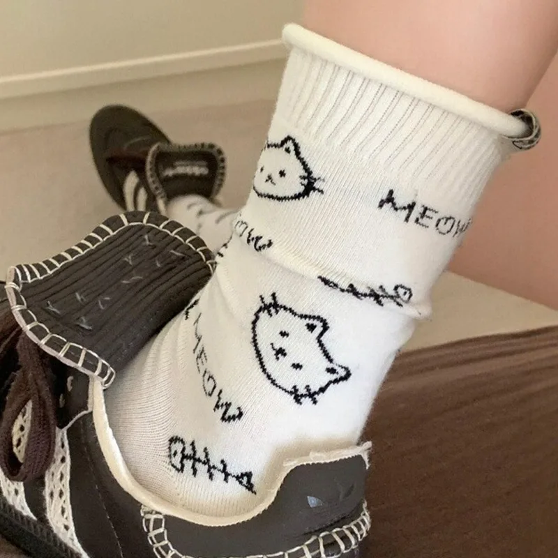 

1-3 пары корейских носков для женщин до середины икры с милым мультяшным принтом кота для женщин и девочек, эластичные чулки Jk, повседневные школьные длинные носки