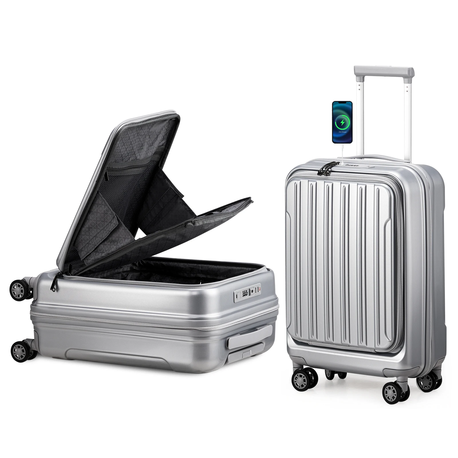 22 ×14 × 9 Airline Approved with USB Port, ABS+PC 20 Inch Luggage with Front Compartment, Double Spinner Wheels,TSA Lock,Sliver