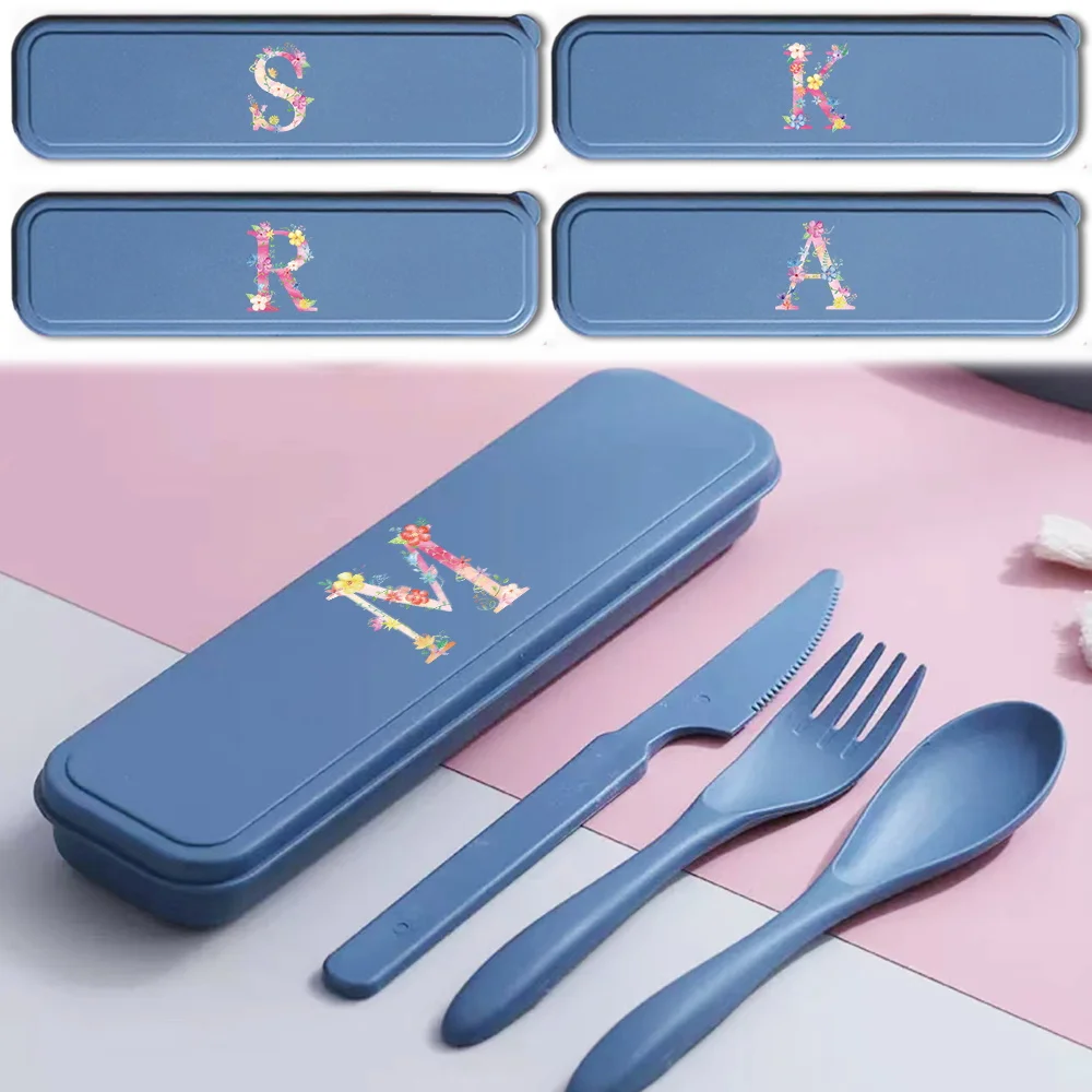 3Pcs Reusable Dinnerware Kit Tableware Organizer Case Spoon Fork Chopsticks Storage Box Pink Letter Pattern Lunch Accessoires