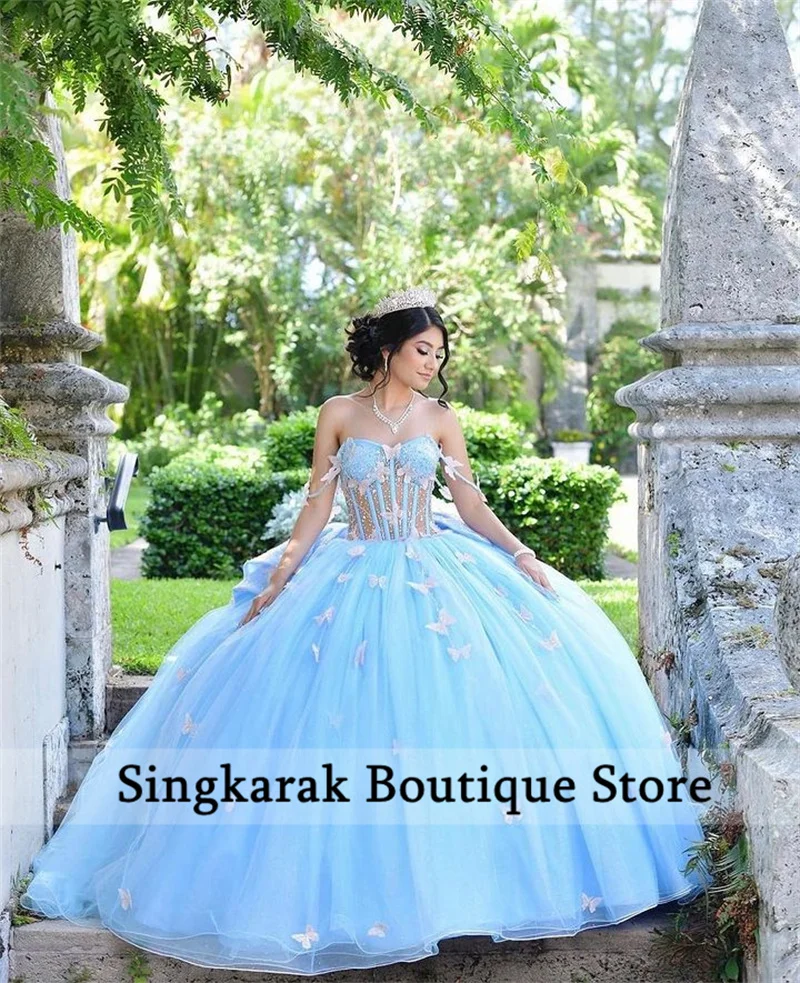 Gaun putri biru langit Quinceanera manik-manik applique kupu-kupu gaun ulang tahun kristal manis 16 gaun disesuaikan