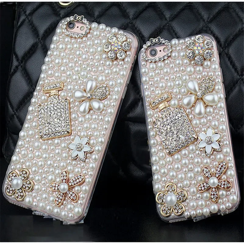 

Bling Rhinestone Diamond Pearl Flower Perfume Bottle Case for iPhone16, 15, 14, 13, 12, 16Pro Max