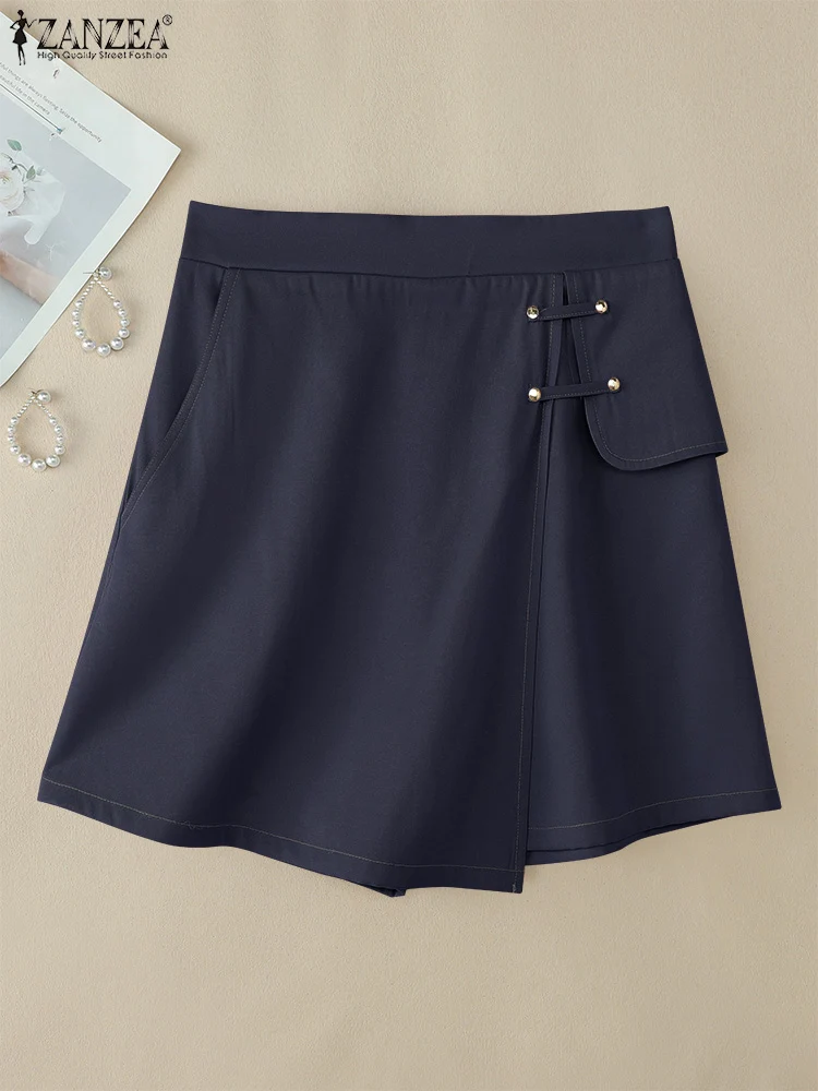 

ZANZEA 2025 элегантные женские шорты трапециевидной формы, повседневные шорты с высокой талией, летние карманы с высокой талией, модные однотонные джинсовые брюки