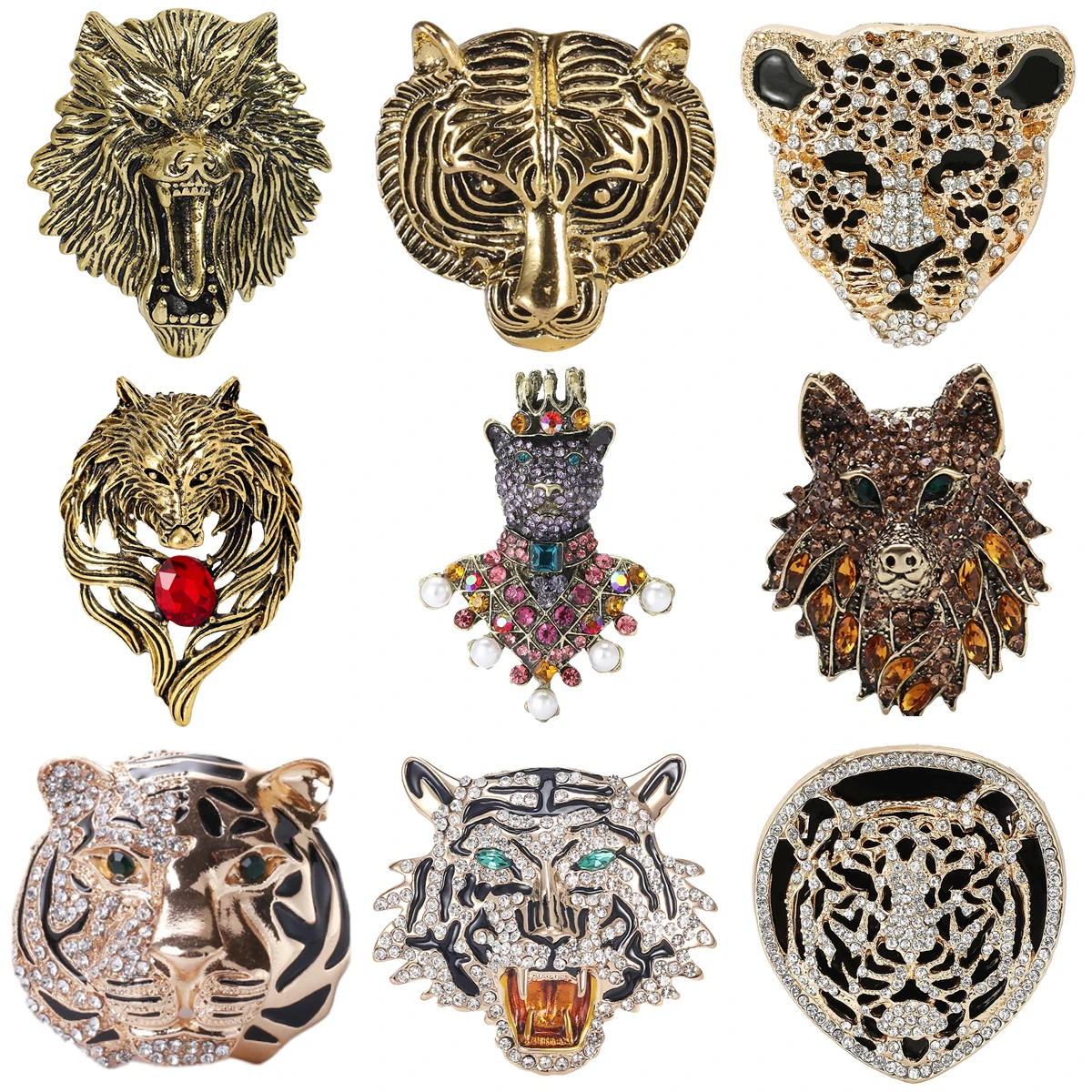 Rhinestone Tiger Head Brooches for Women Unisex Pearl Bear Pins Wolf Lapel Pins Banquet Party Backpack Gifts Jewelry Accessories