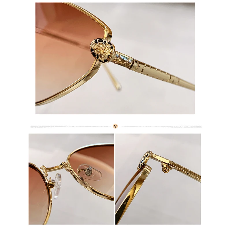 Rahmenlose Sonnenbrille mit Schnittkante für Damen mit Leopardenkopf und Katzenaugen, Metallrahmen-Design, Modische Sonnenbrille – Detail 2